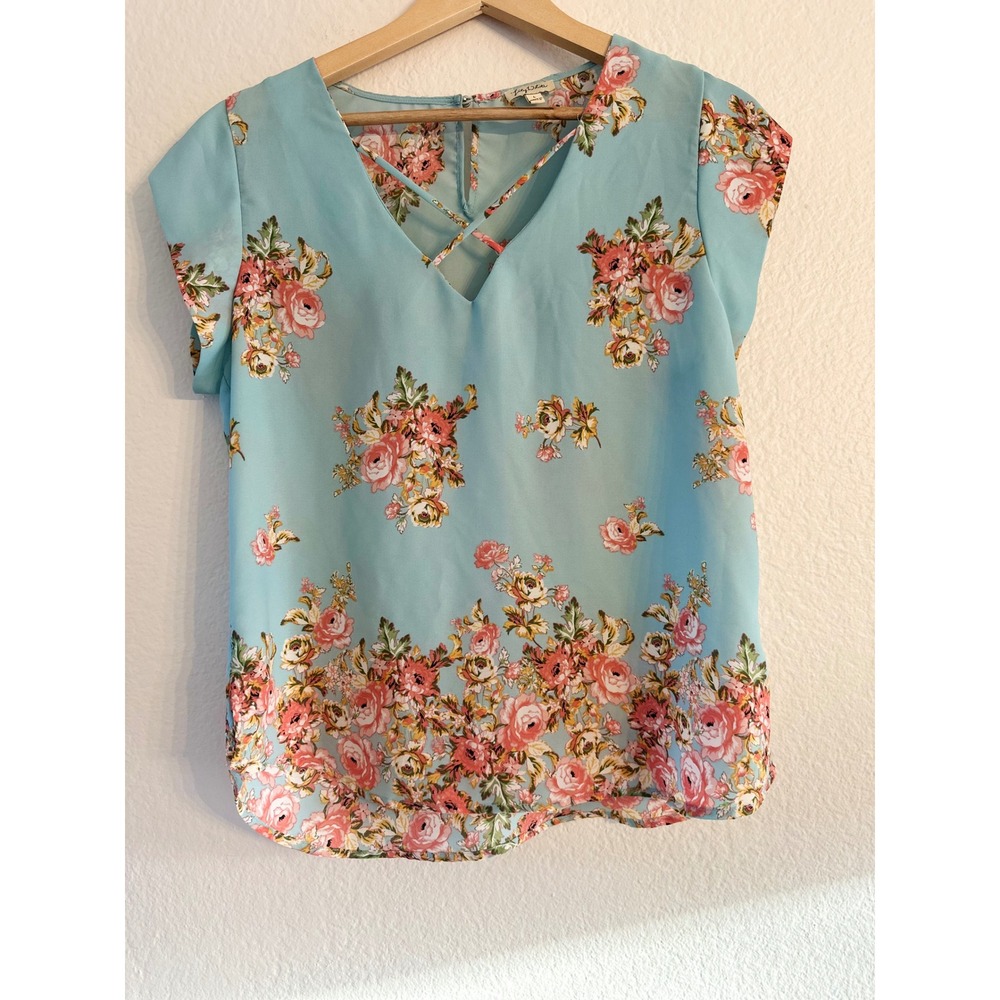 Lily White Floral Blouse Women Large Blue‎ Strappy V-Neck Chiffon Cap Sleeve Top